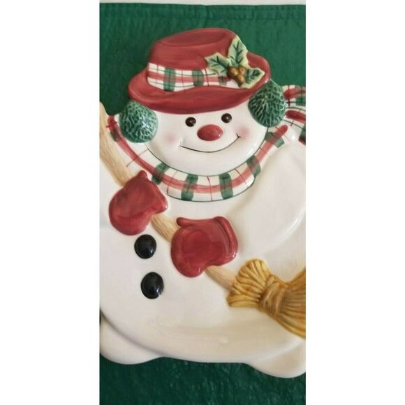 Fitz & Floyd Plaid Christmas Snowman Canape Holiday Serving Plate - Picture 1 of 4